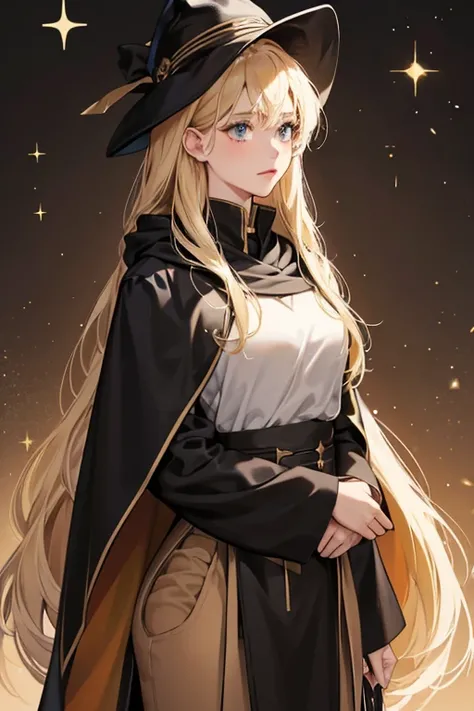 SHe is a blond, clad in a black hat and matching cloak. She wears a long black tunic, and tan-colored breeches. SPARKLE; GLITTER