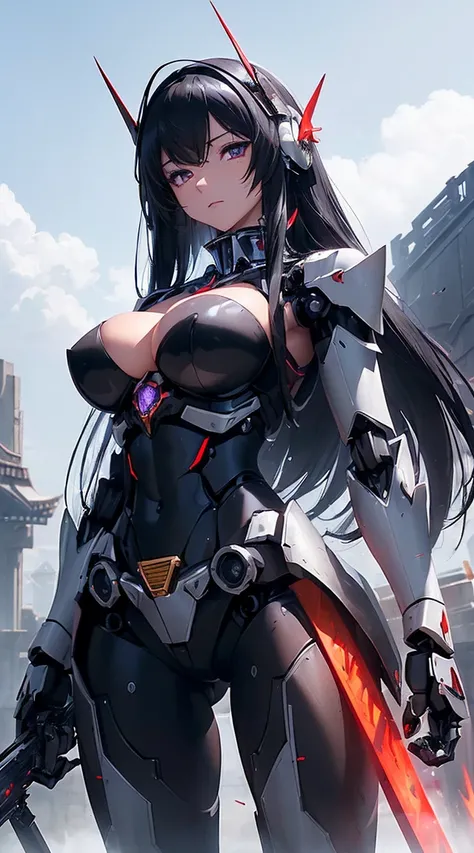 ((Shining lenses on both breasts:1.3))、((Pillars of red light radiate from both chests..:1.3))、((Attack pose:1.6))、((He has a red sword and a long rifle:1.6))、((Battle Scenes:1.8))、((8K)), ((32k)), ((Highest quality)), ((masterpiece)), ((超A high resolution...