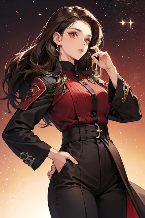 SHE has choppy dark brown hair that comes down to hER jaw and lighter brown eyes. SHe wears a burgundy duangua with black trim and oversized sleeves, and dark brown trousers. SPARKLE; GLITTER