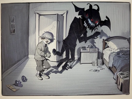 drawing of a boy in a room with a shadow of a demon, sleep paralysis monster, inspired by Fritz von Dardel, inspired by Maurice Sendak, sleep paralysis demon, inspired by Tomi Ungerer, nightmare scene, by Loren Munk, inspired by William Stout, style of mau...