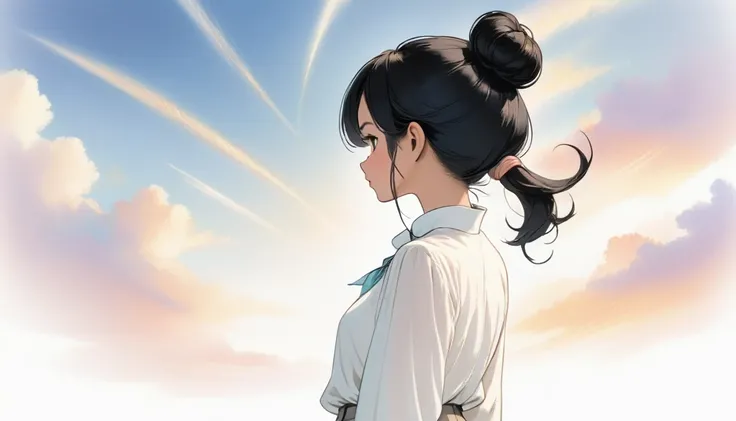 A 25-year-old Malaysian woman with black hair is looking at the sky. White background, hair tied above the neck. Colored pencil drawing. White blouse and pants. From head to shoes. Whole body. Back view.