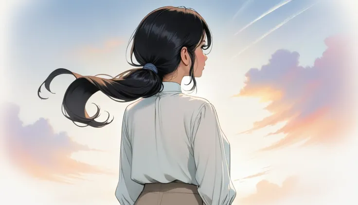 A 25-year-old Malaysian woman with black hair is looking at the sky. White background, hair tied above the neck. Colored pencil drawing. White blouse and pants. From head to shoes. Whole body. Back view.