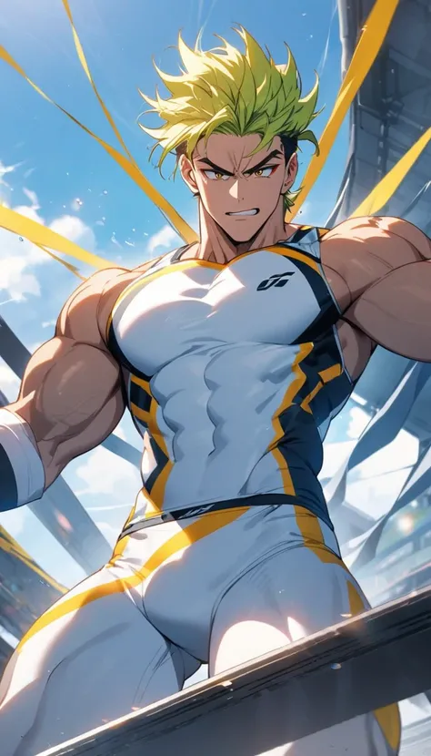 A muscular man wearing a red, yellow, blue and white fitness outfit，Cool hairstyle