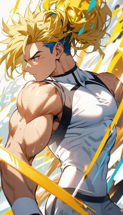 A muscular man wearing a red, yellow, blue and white fitness outfit，Cool hairstyle