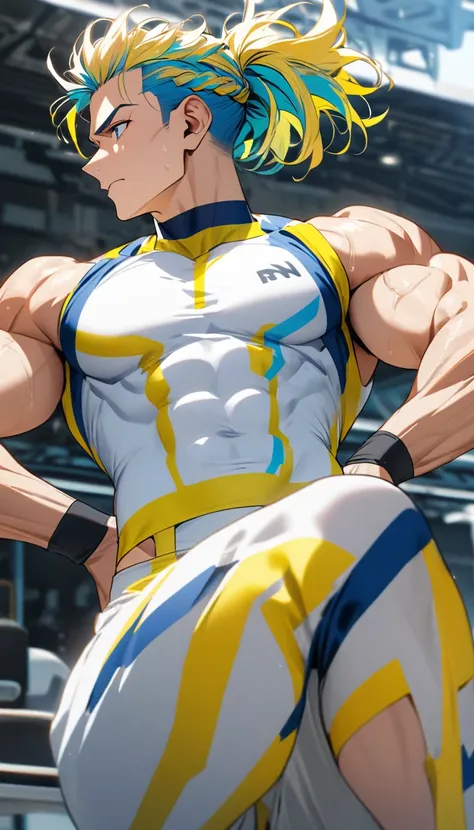 A muscular man wearing a red, yellow, blue and white fitness outfit，Cool hairstyle