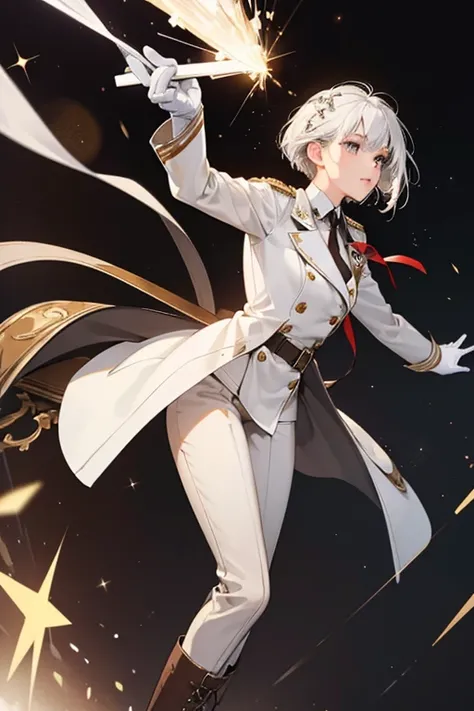 SHE has silver-white hair, . SHe wears a deep brown military jacket, a white dress shirt with a ribbon tie underneath, deep brown straight-legged pants, and white half-laced boots. SHe also sports a pair of white gloves. SPARKLE; GLITTER