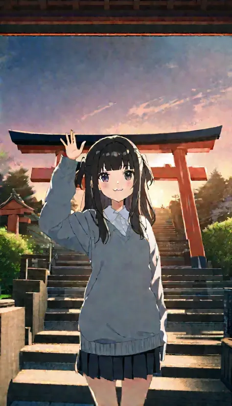 One Girl, (Sunset sky), Standing and waving, School Area, Countryside landscape, scenery, School Cardigan, (Sleeves are longer than the wrist), Powerful loafers, Black ash two side up hair, Blunt bangs, Beautiful dark eyes, Black knee socks, Cinema Lightin...