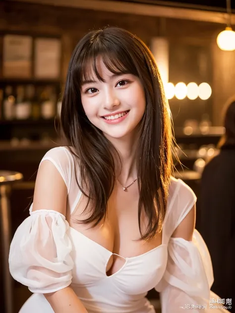 A 20-year-old woman with a very cute face like a 15-year-old idol　Smiling Kindly　(((Whole body)))　(((Full body portrait)))　(A white, see-through dress)　Medium Bust　Cleavage　A crowded and stylish wine bar at night　Cinema lighting　(Natural light)　Artistic　Hi...