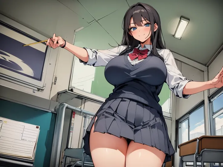 high school student、Women、School classroom、(Big Breasts)、smirk、curvy、(((((1 girl)))))、(from below)、With a cheek cane、Only 1 person