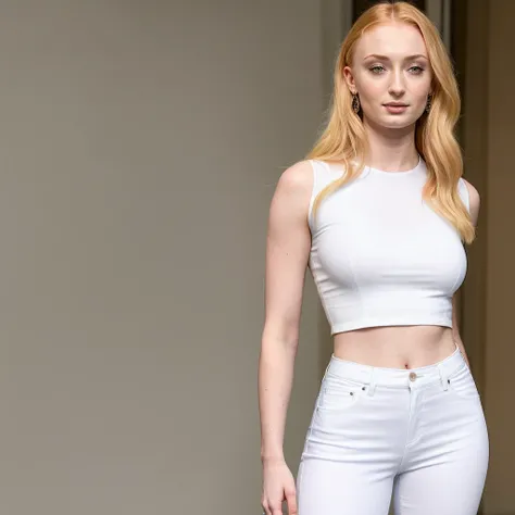 Sophie Turner in a white tight top tugged in in blue jeans, high quality, photorealistic,1 woman solo