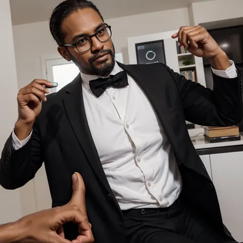 45 year old successful aesthetic man with beard,wearing black suit ,white tie ,brown skin color ,wear glasses , holding a cell phone typical brazilian man , working on digital marketing in your living room
