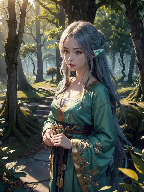 (anime, fantasy), (extremely detailed CG unity 8k wallpaper, masterpiece, best quality, ultra-detailed, depth of filed, HDR:1.2), (elven camp, ancient forest, magical, from final fantasy x), fantastical landscapes, vibrant colors, majestic, magical atmosph...