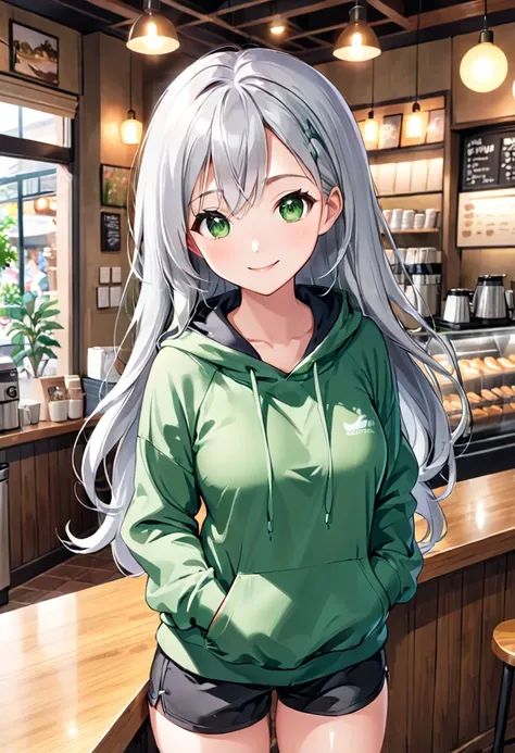 Pretty asian woman, bright silver hair, long hair, green eyes, busty, black shorts and a green hoodie, cute, standing in the center of a coffee shop environment, pretty smile, anime style