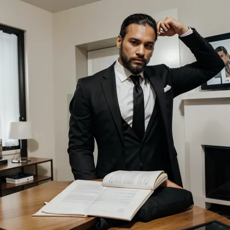 40 year old successful aesthetic man with beard,wearing black suit ,white tie ,light skin color,without glasses , holding a cell phone typical brazilian man , working on digital marketing in your living room
