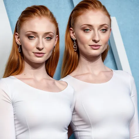 Sophie Turner in a white spft wool tight top tugged in in blue jeans, high quality, photorealistic,1 woman solo