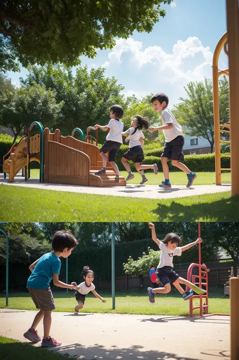 .

7. **Children Exploring and Playing**
   -Description: Children of different ages involved in various outdoor activities, how to run, climb playground toys and tend a small garden. Joy and freedom of movement are evident on their faces.