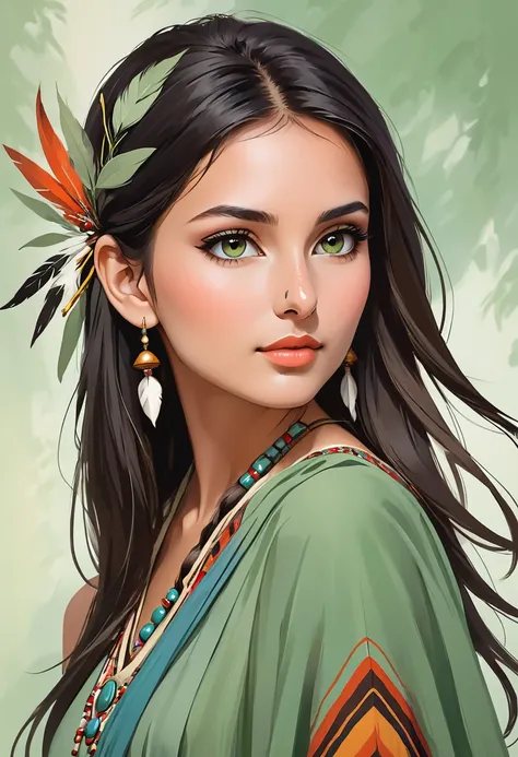 elegant, sage, young and beautiful woman looking sideway, with a native nose.