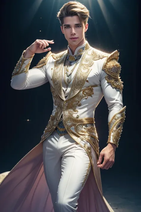 full body photorealistic ultra realism high definition aesthetic stabilized diffusion picture of handsome hunky fractal clean shaven Drew Van Acker Prince of hexagon, in gold diamond transparent sparkling shiny crystal glass chrome filigree outfit,,look at...