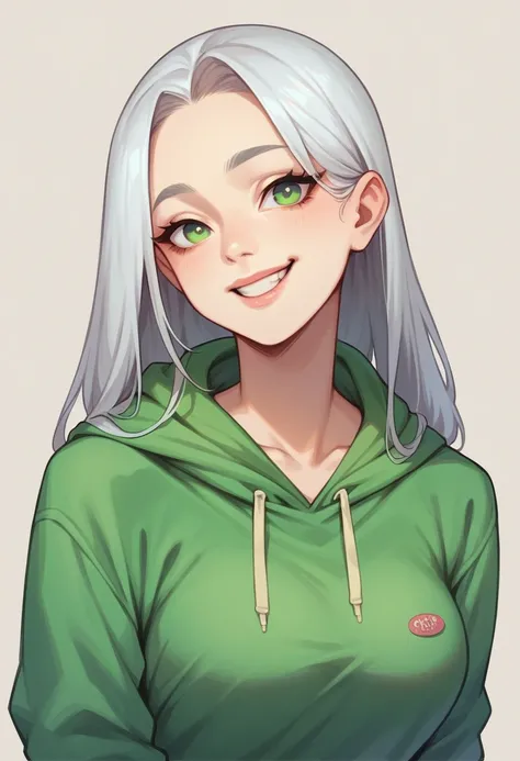 Pretty asian woman, long bright silver hair, perfect face, busty, portrait, fun and smiling, long hair, green eyes, green hoodie