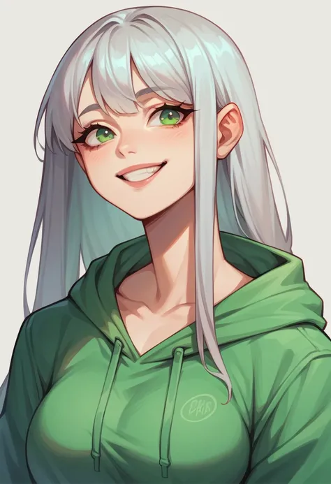 Pretty asian woman, long bright silver hair, perfect face, busty, portrait, fun and smiling, long hair, green eyes, green hoodie