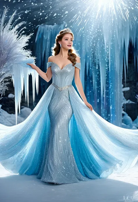 Ice princess, movie set, long beautiful dress, fantastic place, ice falling, sparkles