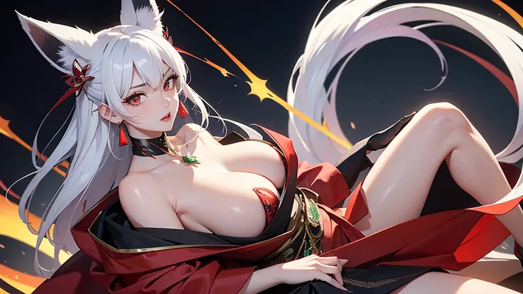 Ultra high definition。Full body drawing is required。Sitting flat。Enraged, he turns his face away。Red shoulder-baring kimono。Emerald Cyberpunk World Background。Rear camera high angle bust zoom up。Mature Woman。White hair with fox ears。Emphasizing the cleavag...