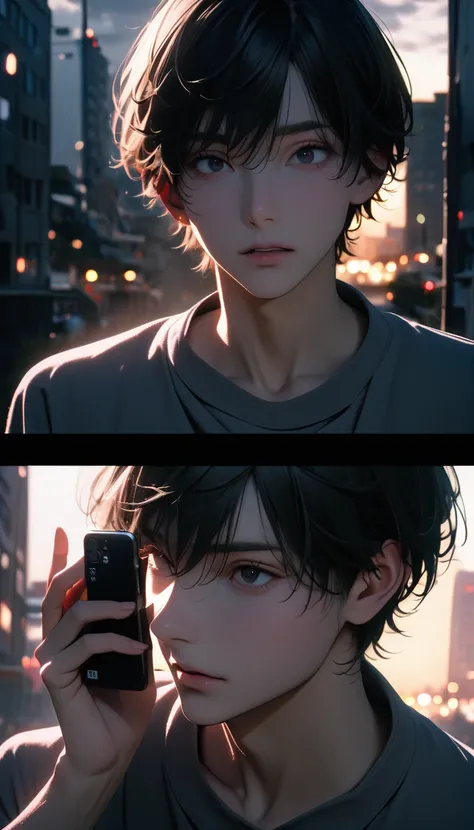 (8K, RAW photos, best quality, masterpiece: 1.4), (((Boy talking on cell phone)))，Ultra-high resolution, Extremely detailed, light, Upper body close-up, handsome boy, black eyes, (delicate eyes, Eyes are bright:1.2), Gray short hair, Fair skin,dark, Grey s...