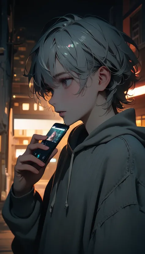 (8K, RAW photos, best quality, masterpiece: 1.4), (((Boy talking on cell phone)))，Ultra-high resolution, Extremely detailed, light, Upper body close-up, handsome boy, black eyes, (delicate eyes, Eyes are bright:1.2), Gray short hair, Fair skin,dark, Grey s...