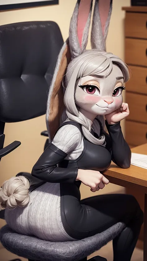 best quality, masterpiece, 3D anime, ((solo)), ((1girl)),  ((Face is JudyHopps)), (long ears like a rabbit:0.8), Heir is beige bobheir style, Body is human lady, mini skirt suit, (two-piece suit:0.5), office business suit stlye, (the suit is made of wool:1...