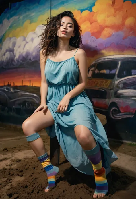 solo woman, FEET UP, colorful socks, dreamy cumulus land, extraordinary, dress, flowing summer dress camisole evening, shes with the woman ((tongue)) intrudes, giant dark covers her dark hair, large masculine figure embraces, hidden, her toenails glossy, f...