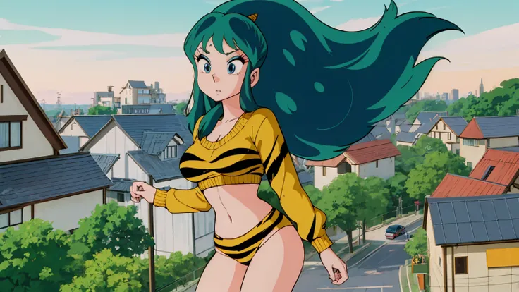 score_9, score_8_up, score_7_up, lum, solo, retro artstyle, 1980s style, breasts, blue eyes, eyeshadow, green hair, bangs, aqua hair, tsundere, dynamic angle, large breasts, large ass, loose cropped tiger-stripped sweatshirt, underboob, (cameltoe:0.6), ski...