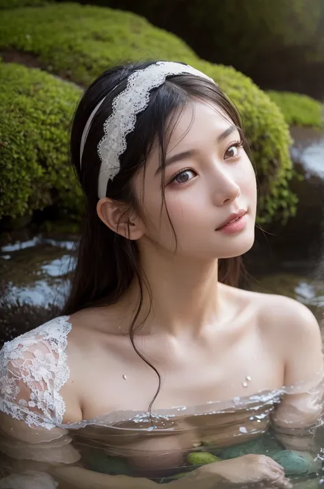 Highest quality, masterpiece, Ultra-high resolution, Supermodels bathing in Japanese hot springs, Outdoor hot spring, Stone hot spring, Moss and tree々Surrounded by, Super beautiful face, Pure Body, I can see my pores, (smile:0.8), Wearing split (lace headb...