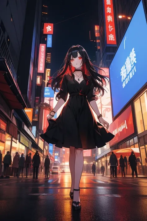 masterpiece, best quality, highres, absurdres, ultra detailed, pretty eyes, pretty_hands Goth girl 1girl, ((black long hair)), red eyes, jewelry, necklace, pale skin, neon lights A dark-haired girl named Akira with long black hair and red eyes, wearing a b...