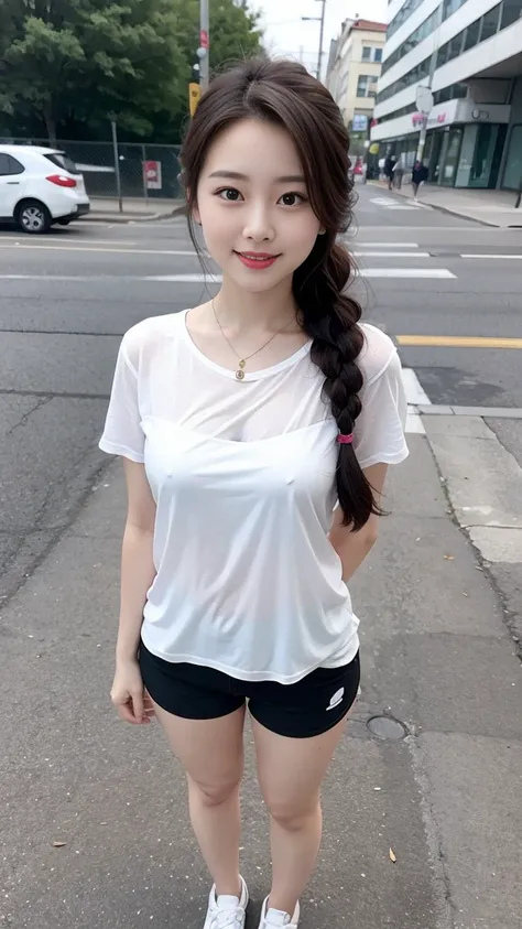  Wearing a white shirt， girl, （tight top：1.5），close your mouth and smile，legs long，Skinny super shorts，White skin of the，high high quality，4K, Face-to-face audience, 1 plump girl，hair tying up，at the street side，（Bring your legs together：1.5），with a round ...