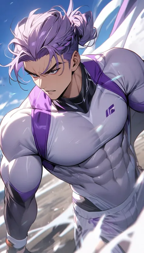 A muscular man wearing purple and white fitness clothing，Cool hairstyle