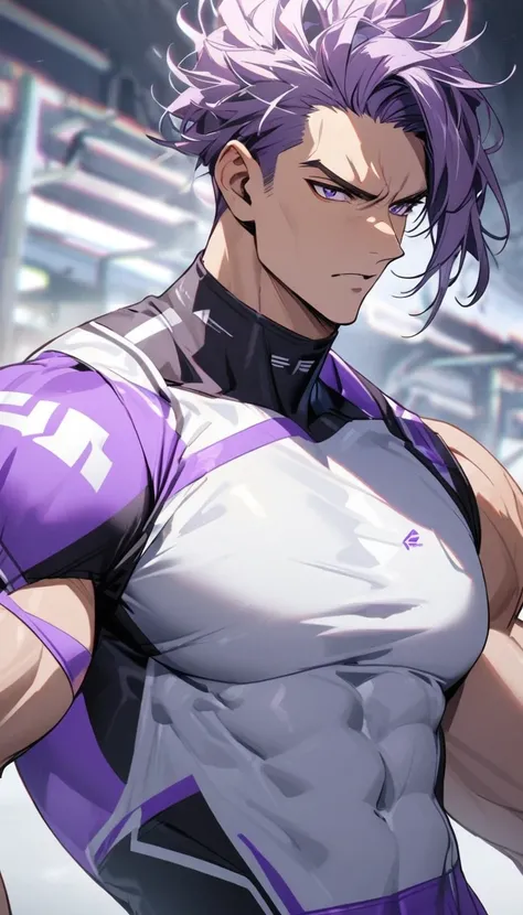 A muscular man wearing purple and white fitness clothing，Cool hairstyle