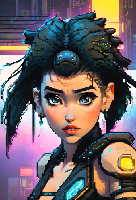 futuristic female, cyberpunk female, high resolution, absurderes(beautiful face and highly detailed eyes)Perfect Anatomia, good lighting, cinematic shadow, detailed back ground, Action game user interface, dots game, pixel art, 8 bits pixel art, player sel...