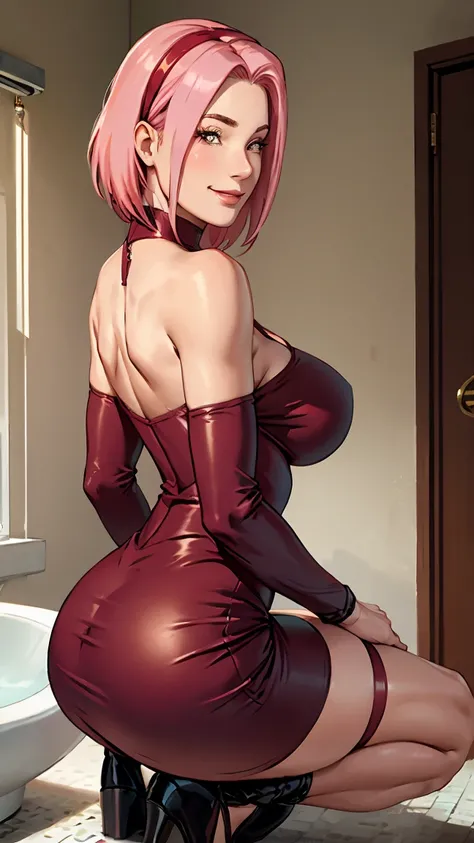 ((big ass))((BOG TITS))((perfect face))((sexy))(((Suit))), Masterpiece， The best quality at the best， 1girll， Sakura Haruno， BIG BREASTS,Off the shoulder clothing，transparent miniskirt ,（neckline)，（Closeup of upper body)，Sexy servant，is shy，smile，with pink...