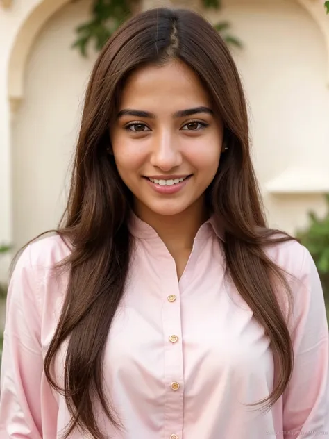 very high resolution, realistic Arab women, pink shirt, white teethes, cute smile, long brown hair, realistic facial details, modest, white skin