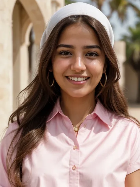 very high resolution, realistic Arab women, pink shirt, white teethes, cute smile, long brown hair, realistic facial details, modest, white skin