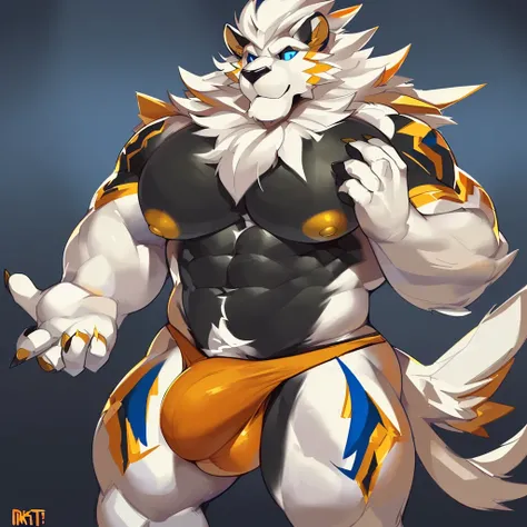 Solo, Anthro, male (((solgaleo, lion, blue sclera, muscular, big pecs, abs, yellow nipples, white fur, black body, black nose, multicolored body, multicolored fur, multicolored mane, white mane, mane, grey pecs, black chest, black abdomen, white arms, whit...