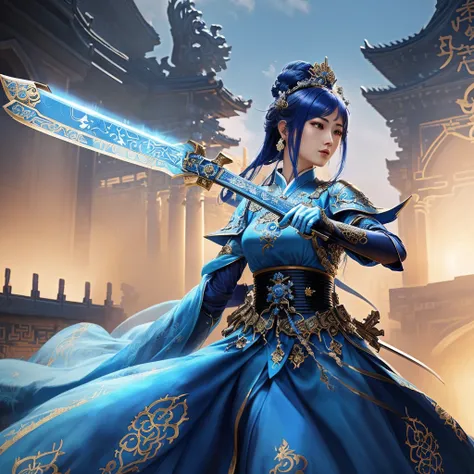 a woman in a blue dress holding a sword in a courtyard, a beautiful fantasy empress, intricate ornate anime cgi style, keqing do impacto genshin, inspired by Leng Mei, 由杨J, 2. anime fantasy art 5 d cgi, ((a beautiful fantasy empress)), palace ， a girl in h...