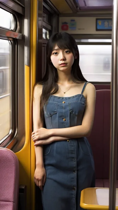 Inside the train。strap。A Japanese girl in her 20s looking out the window