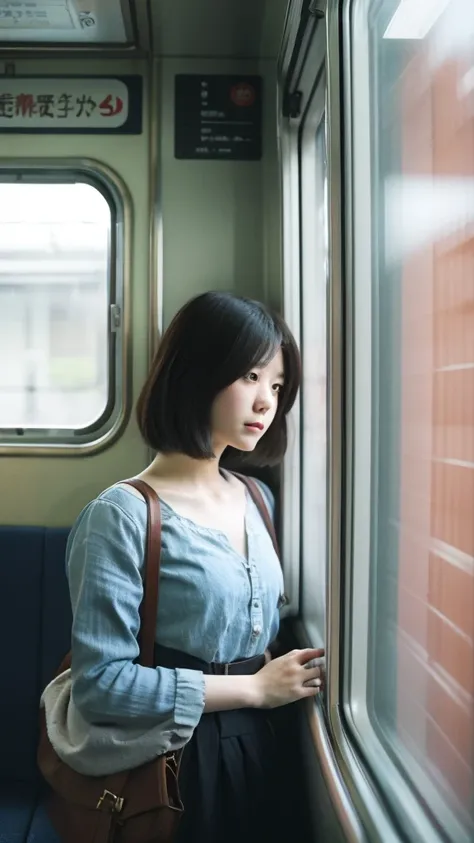 Inside the train。strap。A Japanese girl in her 20s looking out the window