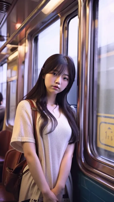 Inside the train。strap。A Japanese girl in her 20s looking out the window