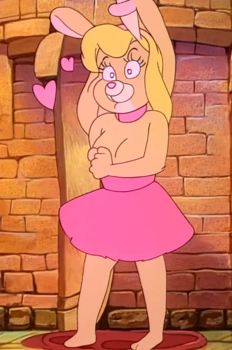 
Furry Yellow bunny with white eyes with hot pink pupil and pink collar with a heart, with mat instead of chest without clothes just a skirt cartoonish Hanna-Barbera type, Women, Mexican pink volume skirt, BALD, in cute pose 