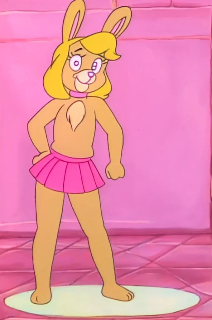 
Furry Yellow bunny with white eyes with hot pink pupil and pink collar with a heart, with mat instead of chest without clothes just a skirt cartoonish Hanna-Barbera type, Women, Mexican pink volume skirt, BALD, in cute pose 