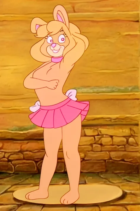 
Furry Yellow bunny with white eyes with hot pink pupil and pink collar with a heart, with mat instead of chest without clothes just a skirt cartoonish Hanna-Barbera type, Women, Mexican pink volume skirt, BALD, in cute pose 