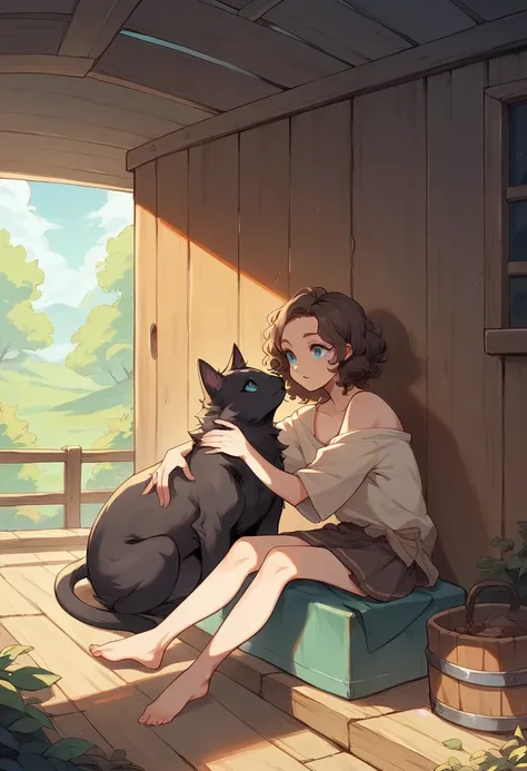 Girl with brown curly hair next to a black cat with blue eyes, sitting together in a cabin 