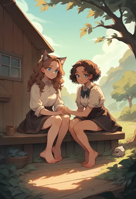 Girl with brown curly hair next to a black cat with blue eyes, sitting together in a cabin 